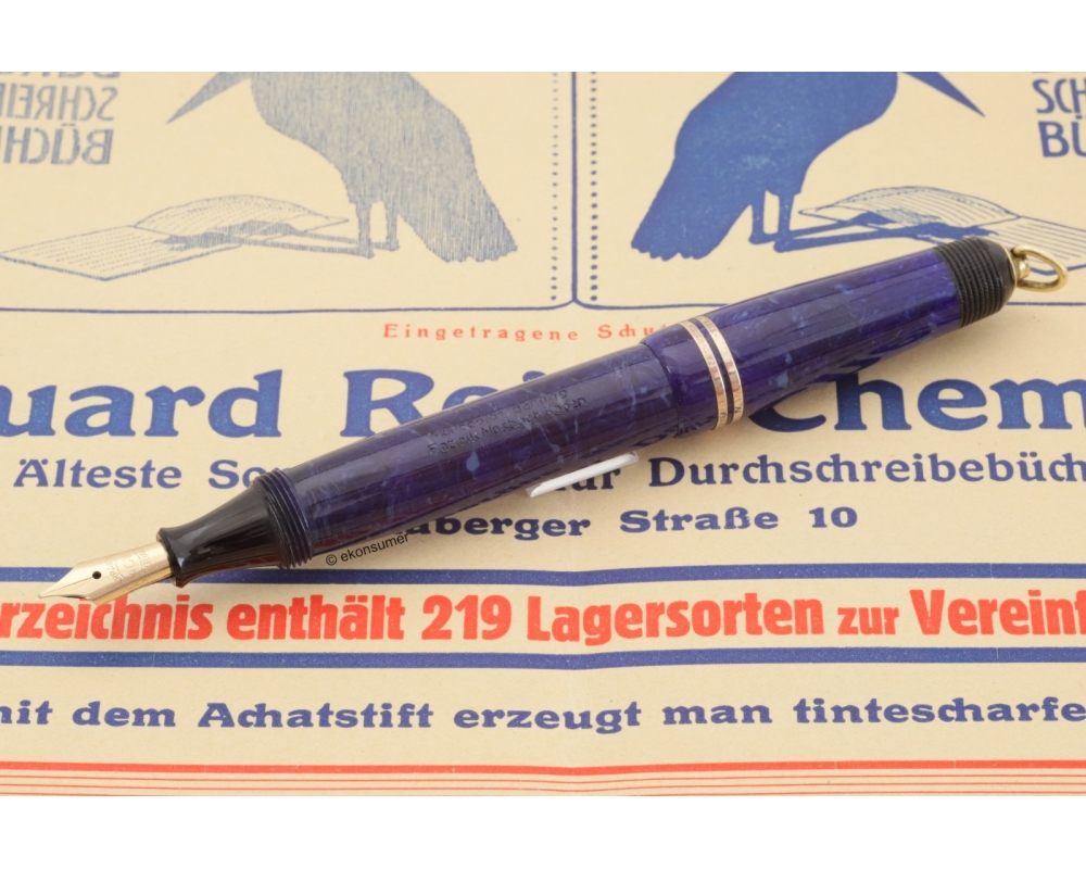 Monocolor Darling Druckknopffüller Azurit-blaues Zelluloid 14K F Goldfeder 1933 Vintage
