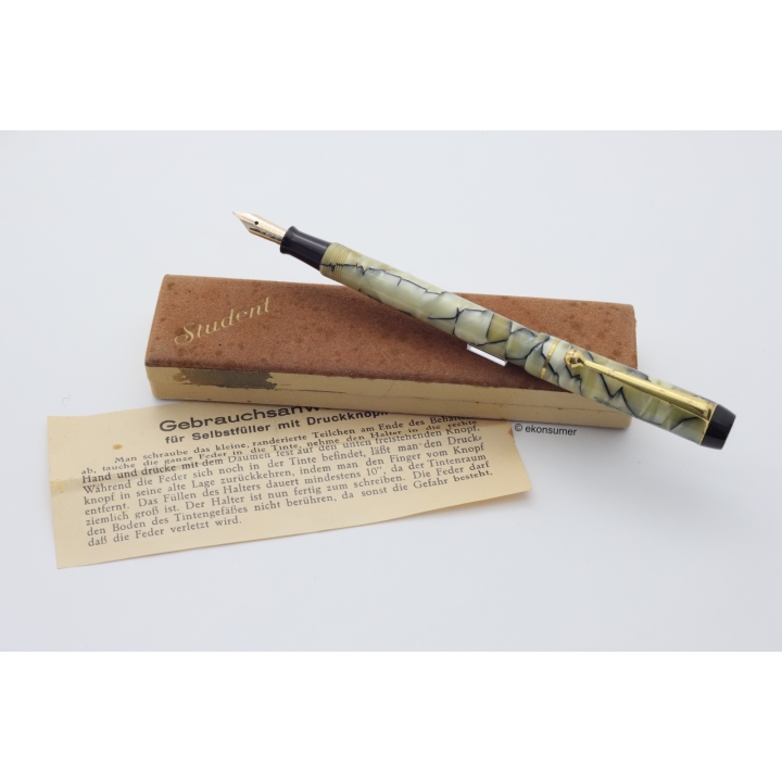 Student Nr. 10 Schildpatt-marmoriert Druckknopffüller 14ct. M Bock-Goldfeder 1935 Box Vintage