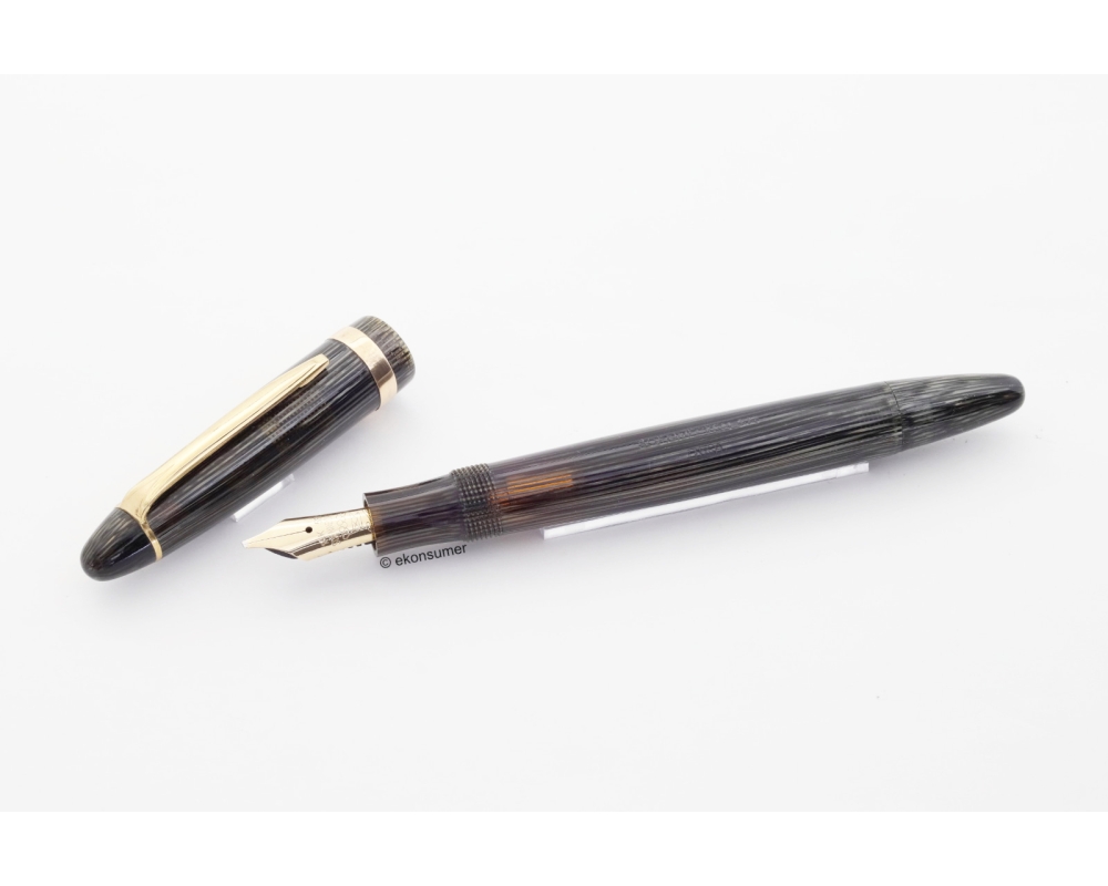 Soennecken 333 Extra silber-gestreiftes Zelluloid Kolbenfüllhalter flex 14K OBB Goldfeder Vintage
