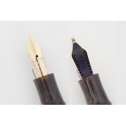 Soennecken 333 Extra silber-gestreiftes Zelluloid Kolbenfüllhalter flex 14K OBB Goldfeder Vintage
