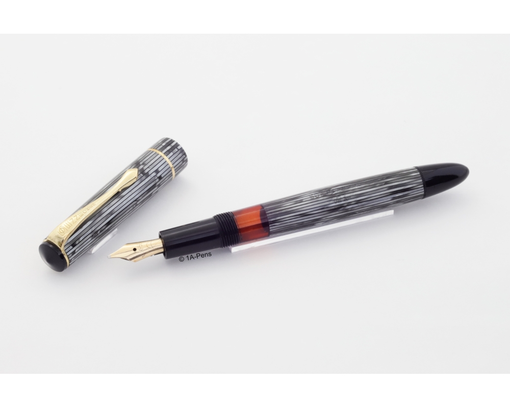 Soennecken 103 grey-striped Celluloid Piston-filler flex 14K B Gold-nib Vintage