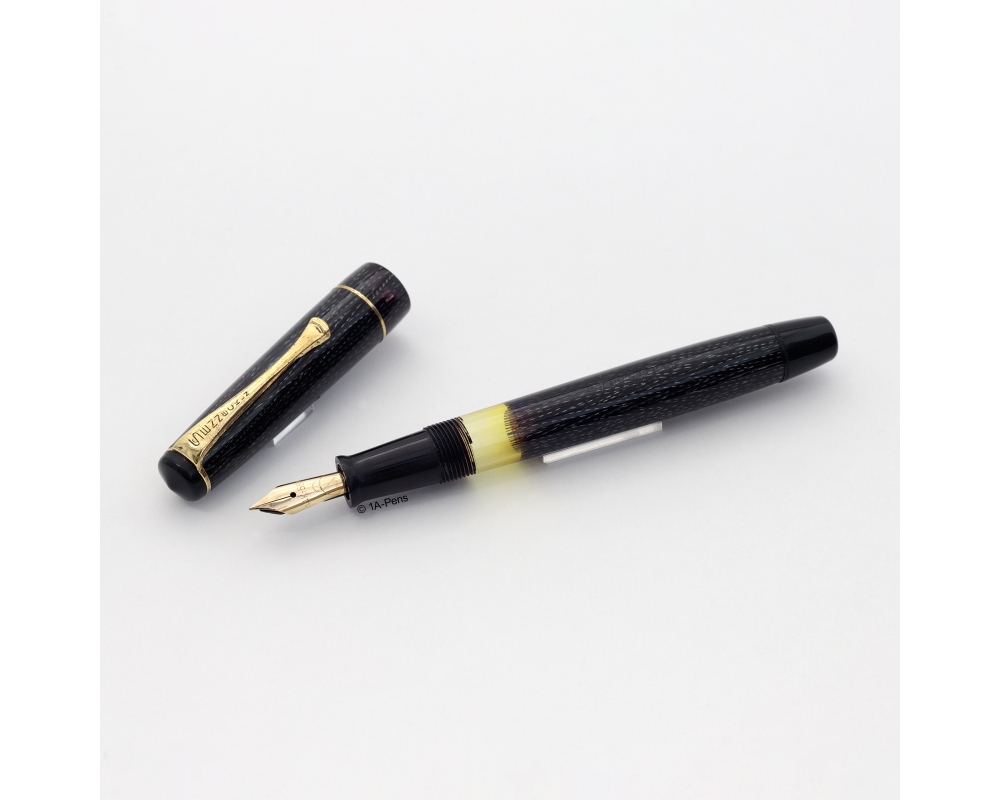 Soennecken 105 Black silver-lined Celluloid Piston-filler flex 14K F Gold-nib Vintage