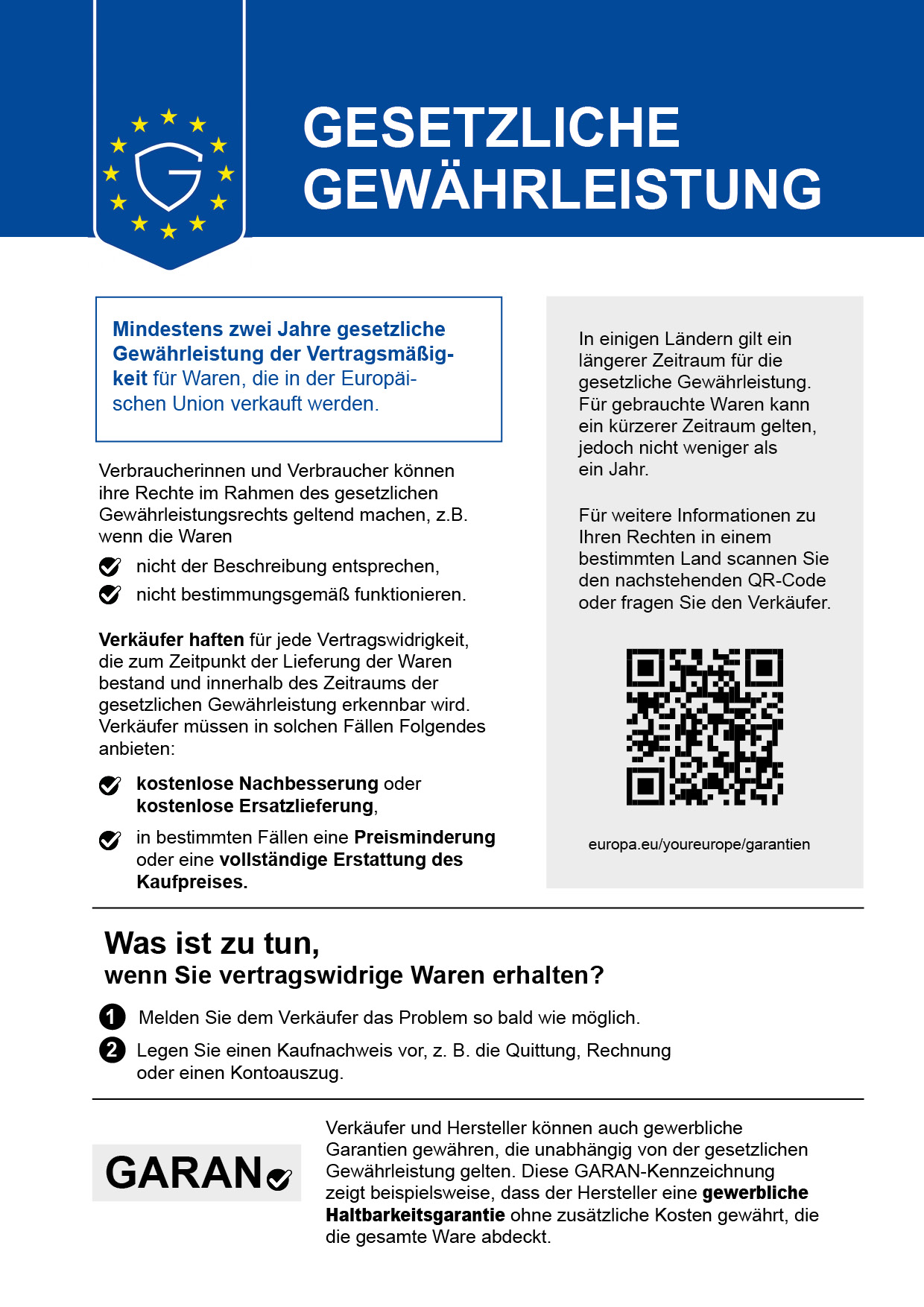Harmonisierter Hinweis zur gesetzlichen Gewährleistung